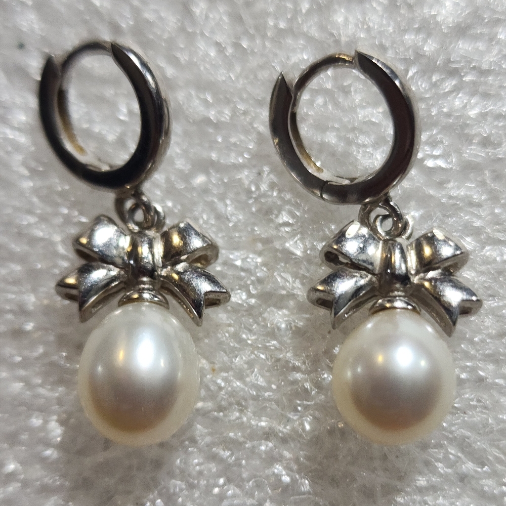 ♥S. Silver, Bow-Tie & Fresh Water Pearl Drop Earrings bride,wedding Vintage
